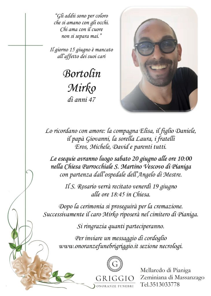 Bortolin Mirko epigrafe funerale a pianiga